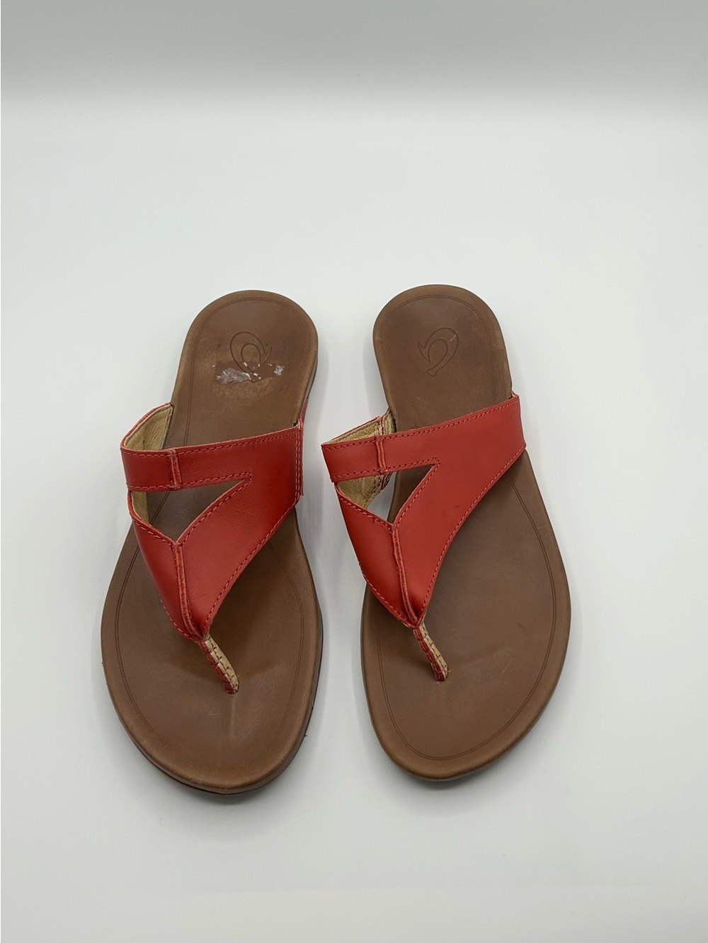 OluKai Red Leather Thong Sandals with Brown Footbed - Picture 6 of 8